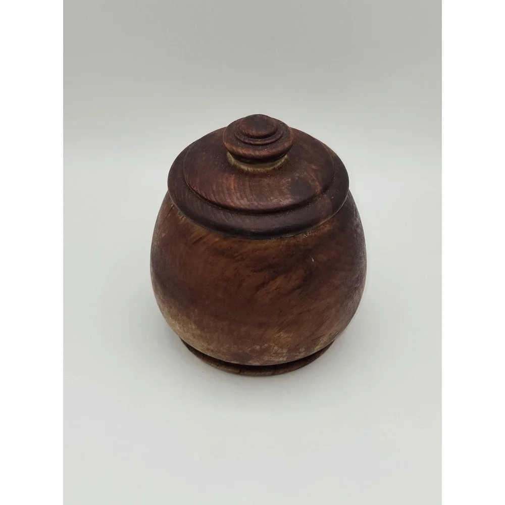 Vintage Hand Turned Wood Lidded Pot Bowl Rustic‎ Wooden Container 5.5